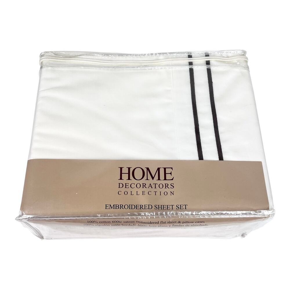 Home Decorators Twin Sheet Set Pillow Case Brown Embroidery White Cotton Bedding
